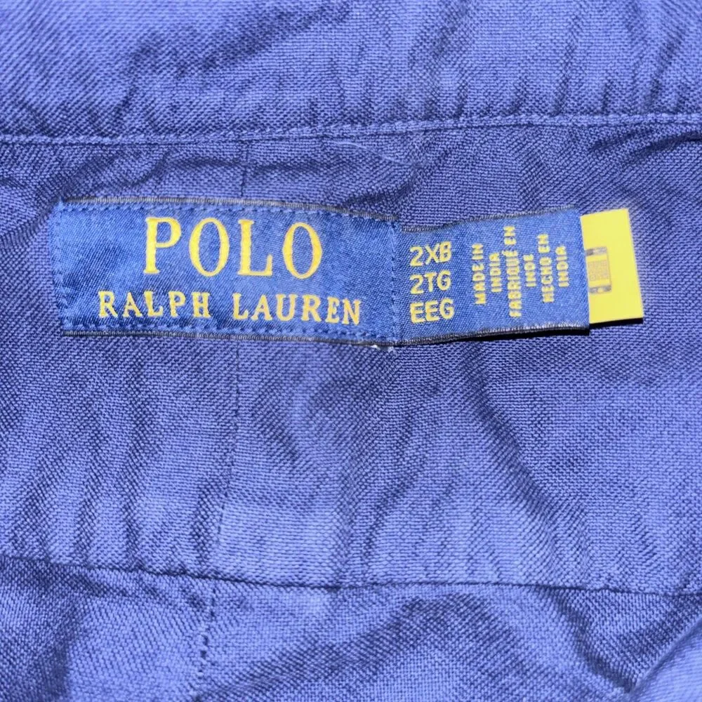 Polo Ralph Lauren Shirt Mens 2XLB Blue Button Up Indigo Green Pony Cotton